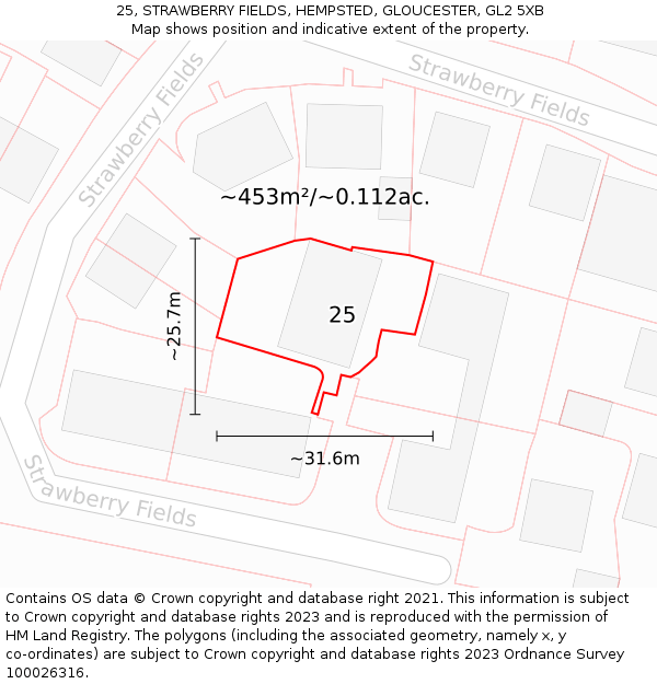 25, STRAWBERRY FIELDS, HEMPSTED, GLOUCESTER, GL2 5XB: Plot and title map