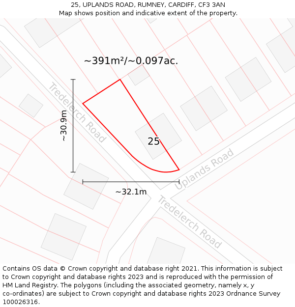 25, UPLANDS ROAD, RUMNEY, CARDIFF, CF3 3AN: Plot and title map