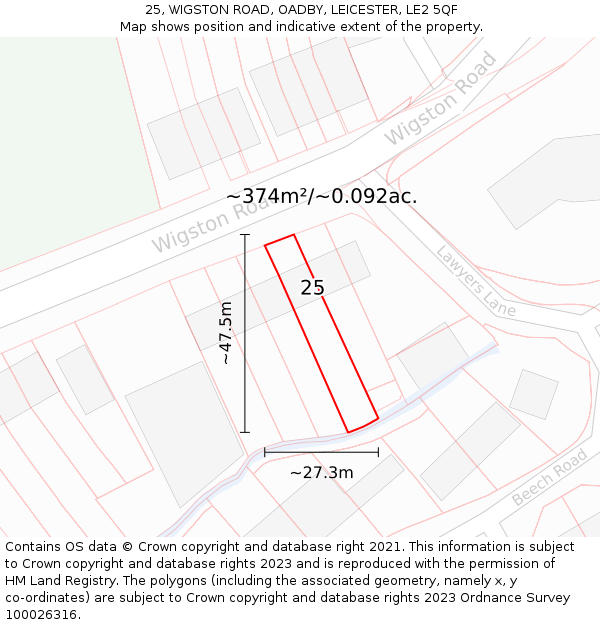 25, WIGSTON ROAD, OADBY, LEICESTER, LE2 5QF: Plot and title map