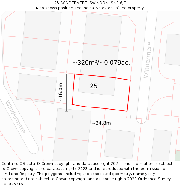 25, WINDERMERE, SWINDON, SN3 6JZ: Plot and title map