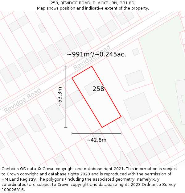 258, REVIDGE ROAD, BLACKBURN, BB1 8DJ: Plot and title map