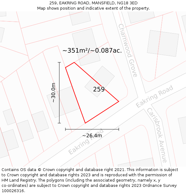 259, EAKRING ROAD, MANSFIELD, NG18 3ED: Plot and title map