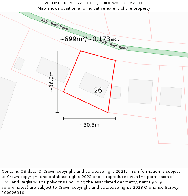 26, BATH ROAD, ASHCOTT, BRIDGWATER, TA7 9QT: Plot and title map