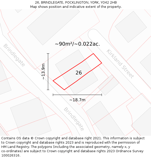 26, BRINDLEGATE, POCKLINGTON, YORK, YO42 2HB: Plot and title map