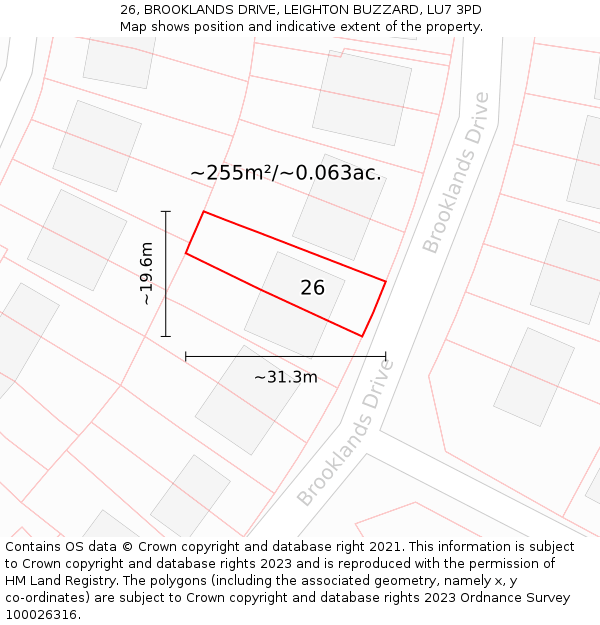 26, BROOKLANDS DRIVE, LEIGHTON BUZZARD, LU7 3PD: Plot and title map