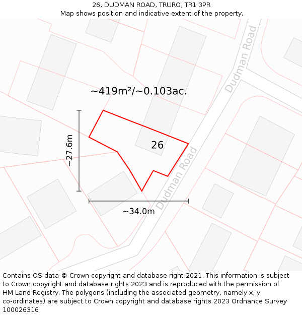 26, DUDMAN ROAD, TRURO, TR1 3PR: Plot and title map