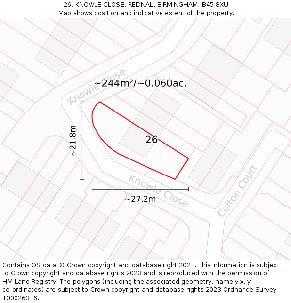 26, KNOWLE CLOSE, REDNAL, BIRMINGHAM, B45 8XU: Plot and title map