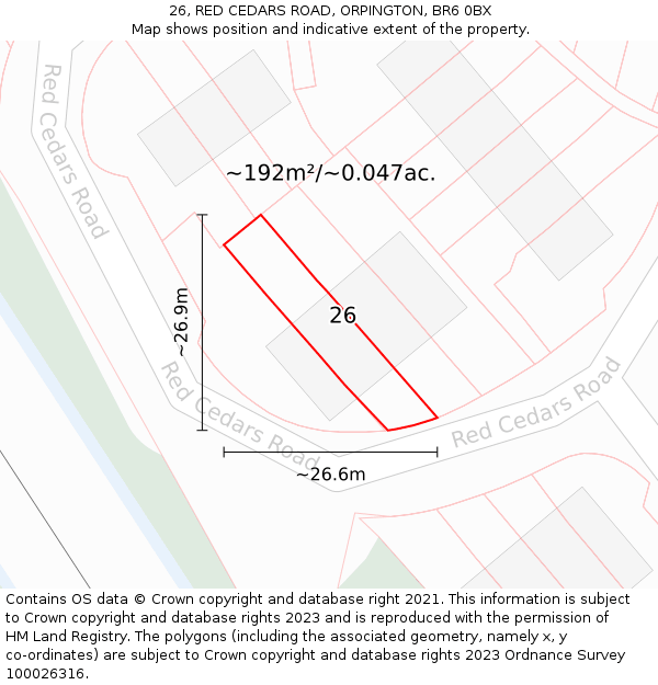 26, RED CEDARS ROAD, ORPINGTON, BR6 0BX: Plot and title map