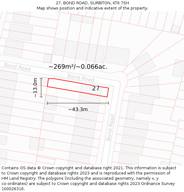 27, BOND ROAD, SURBITON, KT6 7SH: Plot and title map