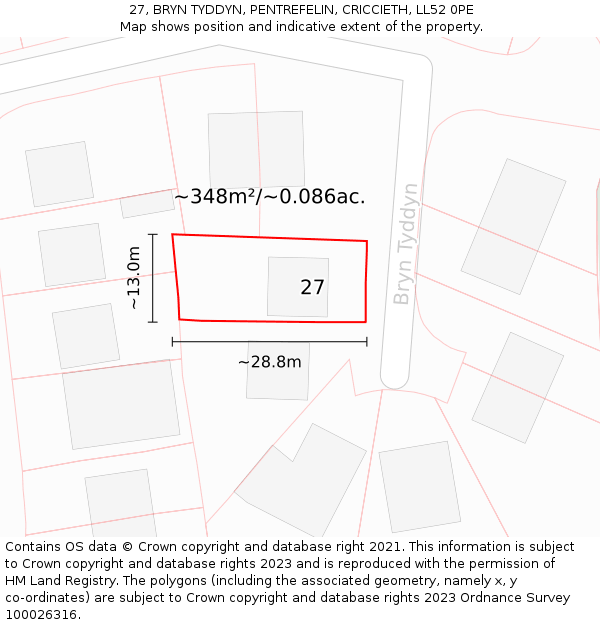 27, BRYN TYDDYN, PENTREFELIN, CRICCIETH, LL52 0PE: Plot and title map