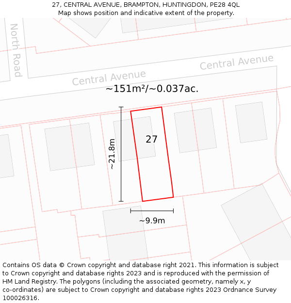 27, CENTRAL AVENUE, BRAMPTON, HUNTINGDON, PE28 4QL: Plot and title map