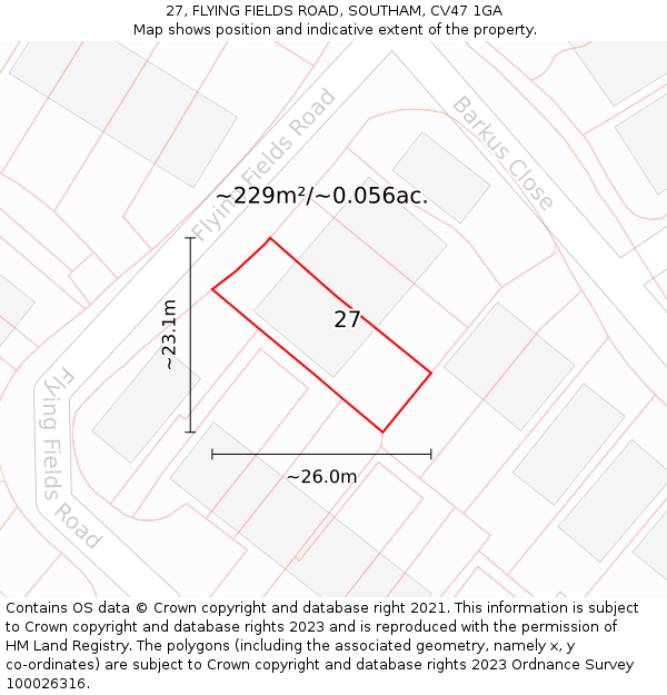 27, FLYING FIELDS ROAD, SOUTHAM, CV47 1GA: Plot and title map