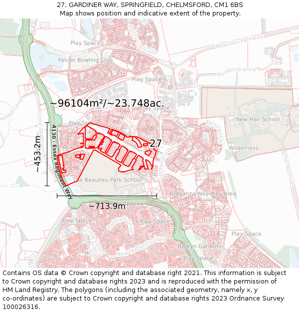 27, GARDINER WAY, SPRINGFIELD, CHELMSFORD, CM1 6BS: Plot and title map