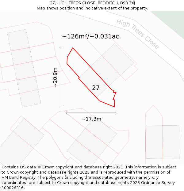 27, HIGH TREES CLOSE, REDDITCH, B98 7XJ: Plot and title map