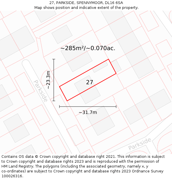 27, PARKSIDE, SPENNYMOOR, DL16 6SA: Plot and title map