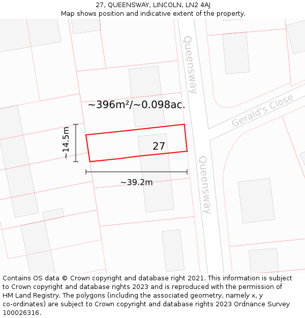 27, QUEENSWAY, LINCOLN, LN2 4AJ: Plot and title map