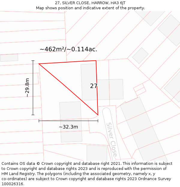 27, SILVER CLOSE, HARROW, HA3 6JT: Plot and title map