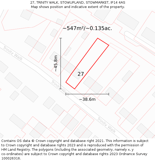 27, TRINITY WALK, STOWUPLAND, STOWMARKET, IP14 4AS: Plot and title map