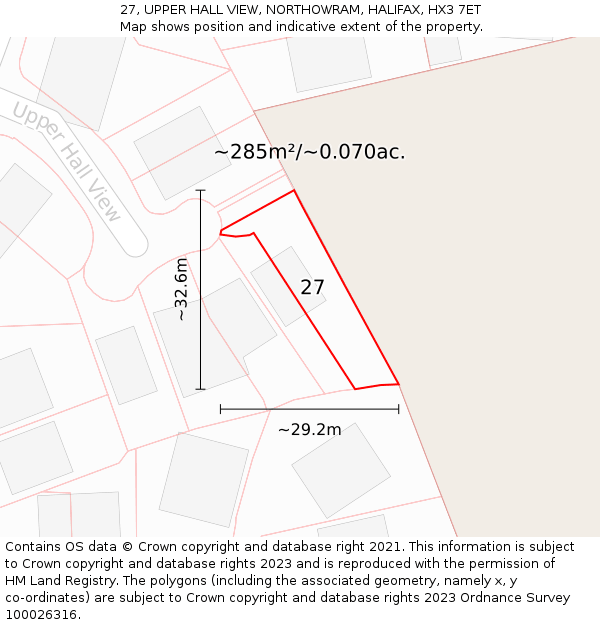 27, UPPER HALL VIEW, NORTHOWRAM, HALIFAX, HX3 7ET: Plot and title map