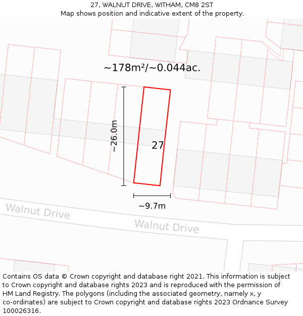 27, WALNUT DRIVE, WITHAM, CM8 2ST: Plot and title map
