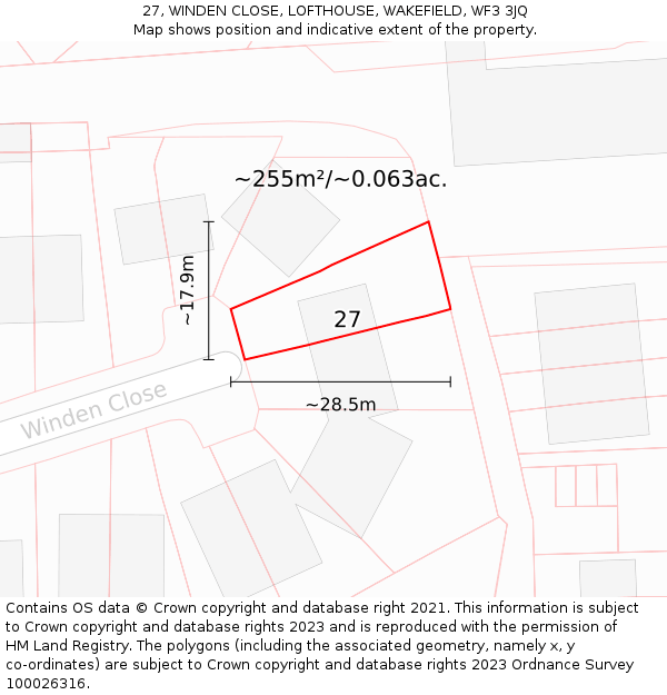 27, WINDEN CLOSE, LOFTHOUSE, WAKEFIELD, WF3 3JQ: Plot and title map