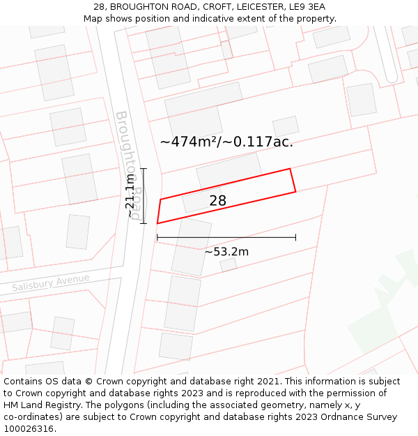 28, BROUGHTON ROAD, CROFT, LEICESTER, LE9 3EA: Plot and title map