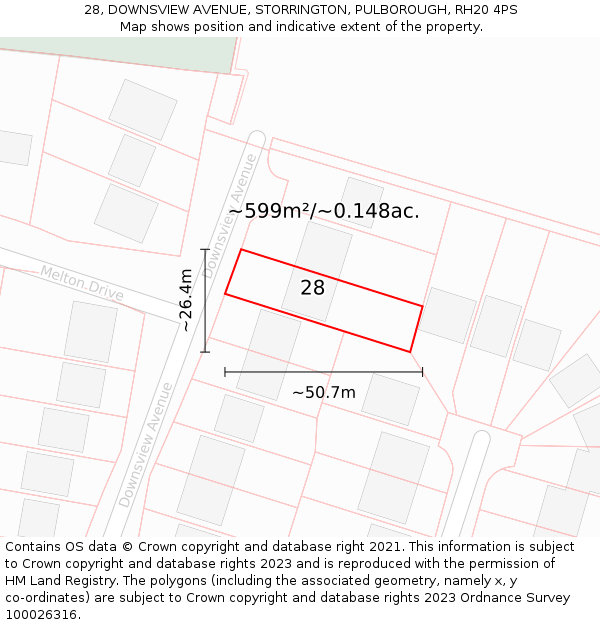 28, DOWNSVIEW AVENUE, STORRINGTON, PULBOROUGH, RH20 4PS: Plot and title map