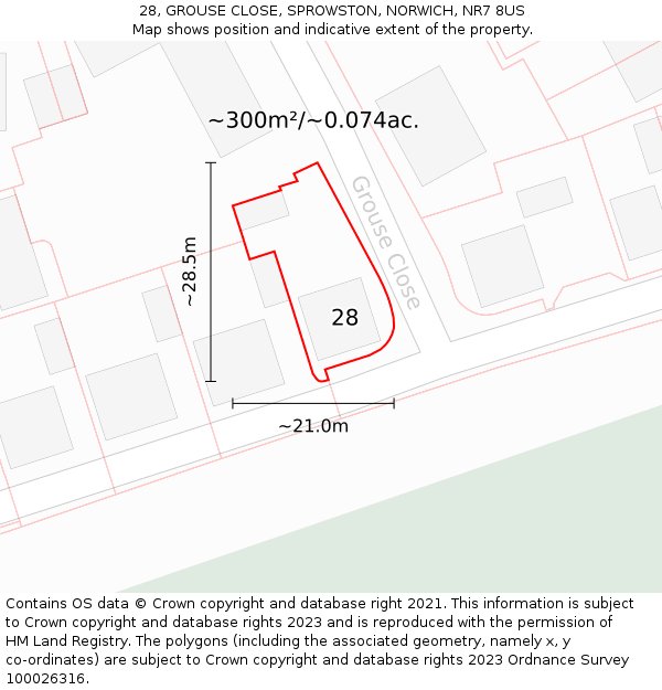 28, GROUSE CLOSE, SPROWSTON, NORWICH, NR7 8US: Plot and title map