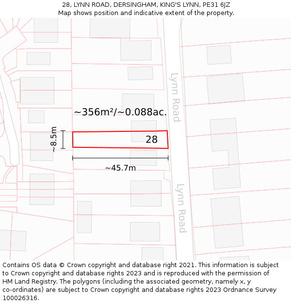 28, LYNN ROAD, DERSINGHAM, KING'S LYNN, PE31 6JZ: Plot and title map