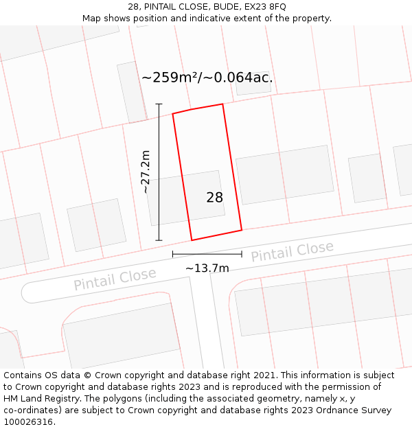 28, PINTAIL CLOSE, BUDE, EX23 8FQ: Plot and title map