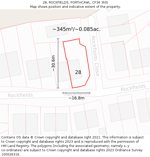 28, ROCKFIELDS, PORTHCAWL, CF36 3NS: Plot and title map