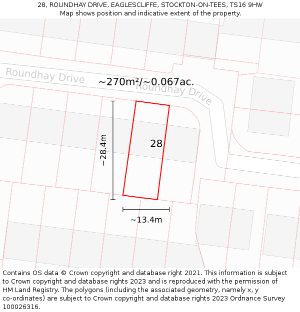 28, ROUNDHAY DRIVE, EAGLESCLIFFE, STOCKTON-ON-TEES, TS16 9HW: Plot and title map
