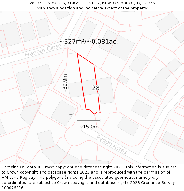 28, RYDON ACRES, KINGSTEIGNTON, NEWTON ABBOT, TQ12 3YN: Plot and title map