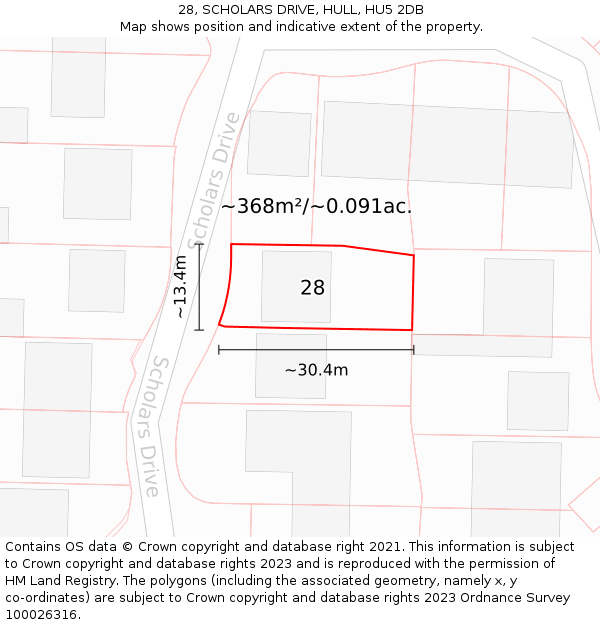 28, SCHOLARS DRIVE, HULL, HU5 2DB: Plot and title map