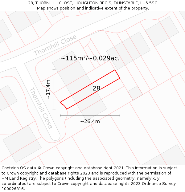 28, THORNHILL CLOSE, HOUGHTON REGIS, DUNSTABLE, LU5 5SG: Plot and title map
