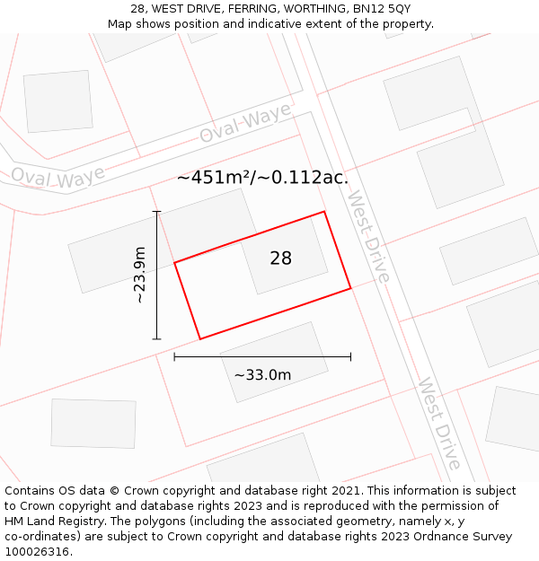 28, WEST DRIVE, FERRING, WORTHING, BN12 5QY: Plot and title map