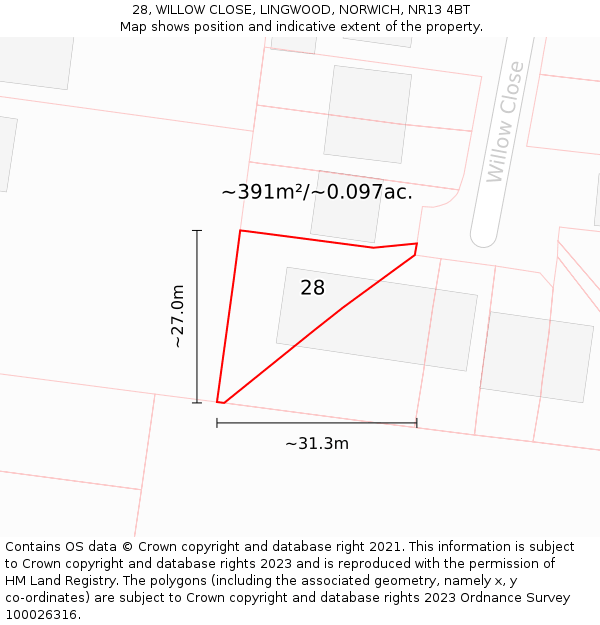 28, WILLOW CLOSE, LINGWOOD, NORWICH, NR13 4BT: Plot and title map