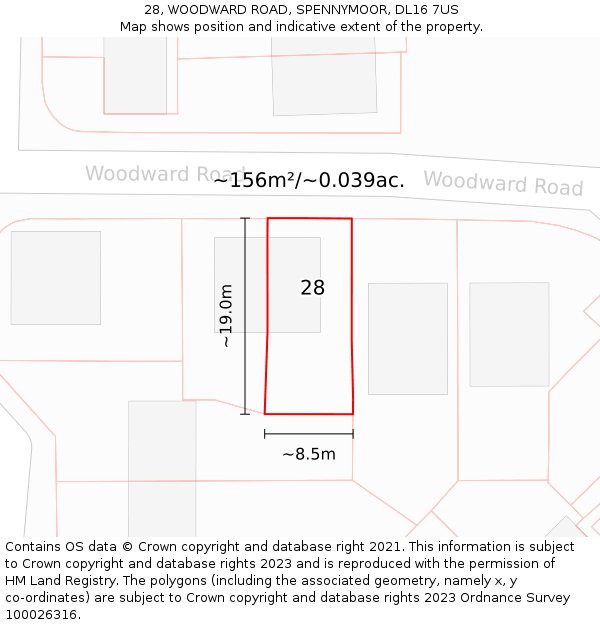28, WOODWARD ROAD, SPENNYMOOR, DL16 7US: Plot and title map
