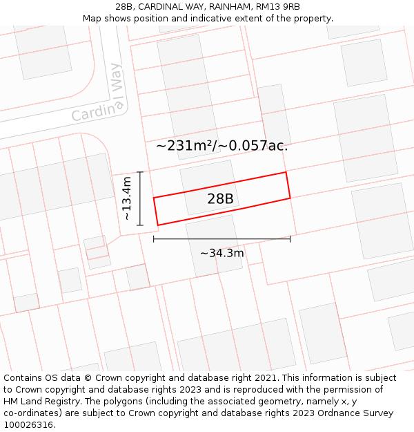 28B, CARDINAL WAY, RAINHAM, RM13 9RB: Plot and title map
