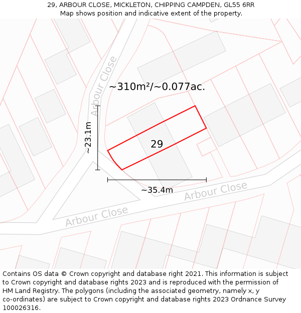 29, ARBOUR CLOSE, MICKLETON, CHIPPING CAMPDEN, GL55 6RR: Plot and title map