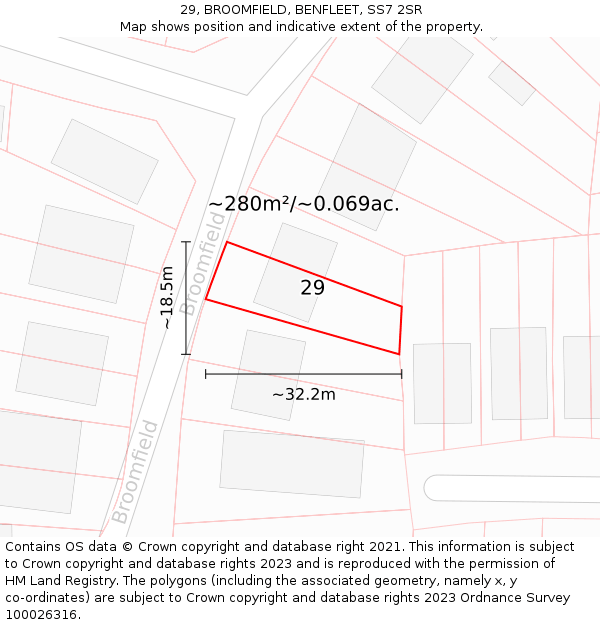 29, BROOMFIELD, BENFLEET, SS7 2SR: Plot and title map