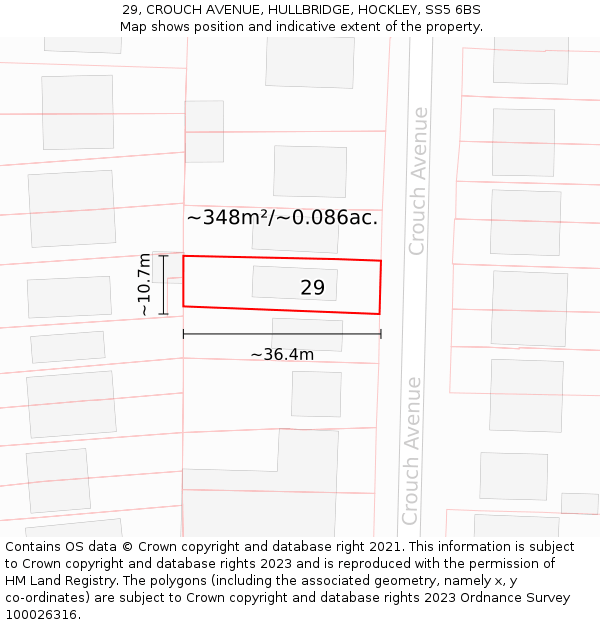 29, CROUCH AVENUE, HULLBRIDGE, HOCKLEY, SS5 6BS: Plot and title map