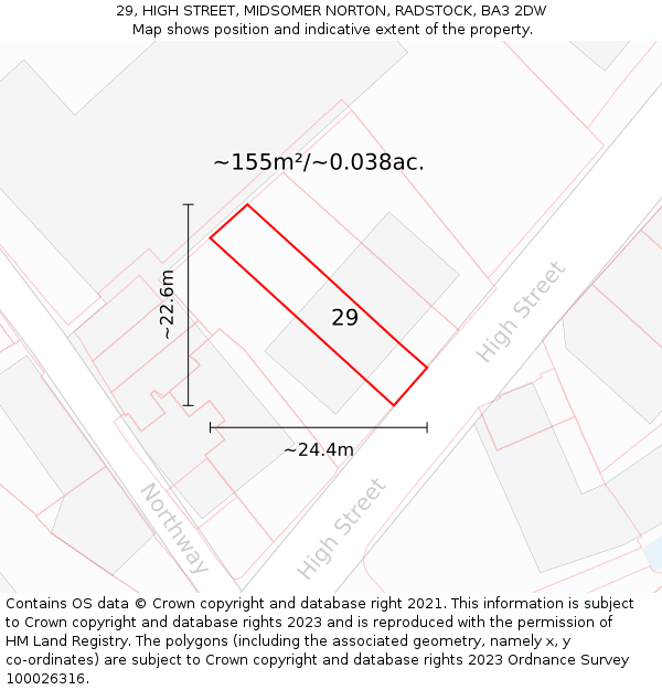 29, HIGH STREET, MIDSOMER NORTON, RADSTOCK, BA3 2DW: Plot and title map