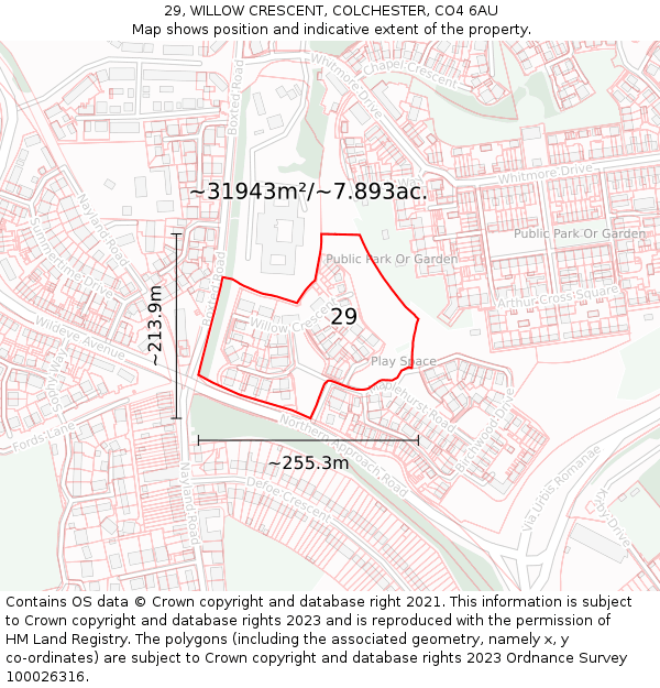 29, WILLOW CRESCENT, COLCHESTER, CO4 6AU: Plot and title map