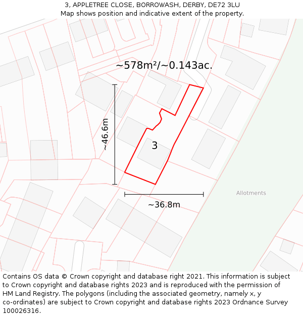 3, APPLETREE CLOSE, BORROWASH, DERBY, DE72 3LU: Plot and title map