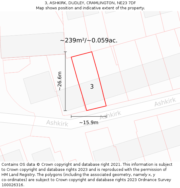 3, ASHKIRK, DUDLEY, CRAMLINGTON, NE23 7DF: Plot and title map