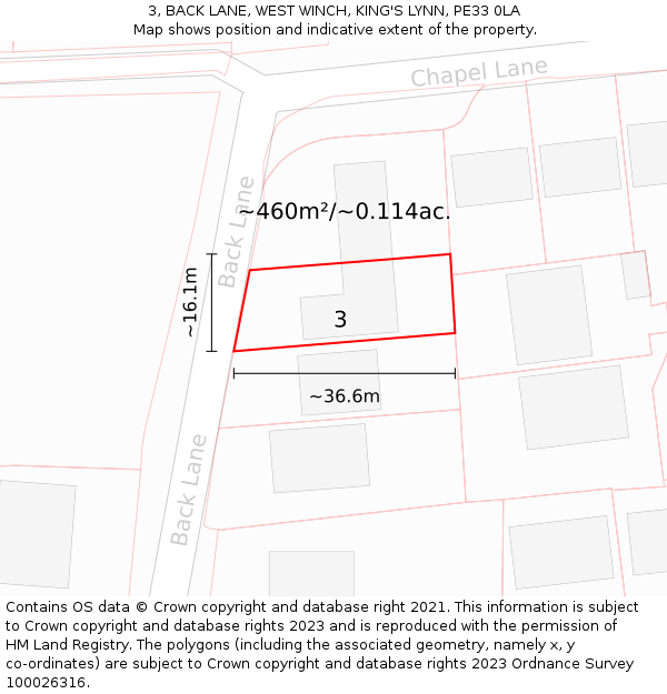 3, BACK LANE, WEST WINCH, KING'S LYNN, PE33 0LA: Plot and title map