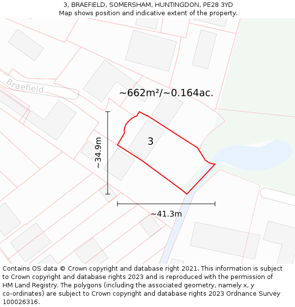 3, BRAEFIELD, SOMERSHAM, HUNTINGDON, PE28 3YD: Plot and title map
