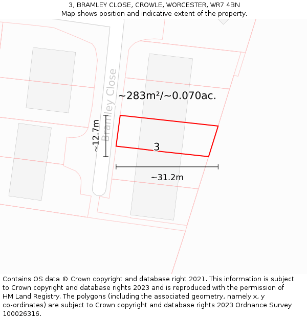 3, BRAMLEY CLOSE, CROWLE, WORCESTER, WR7 4BN: Plot and title map