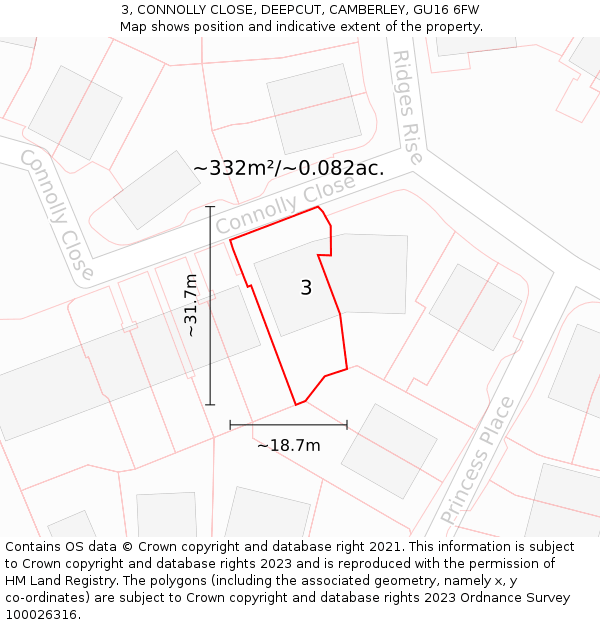3, CONNOLLY CLOSE, DEEPCUT, CAMBERLEY, GU16 6FW: Plot and title map